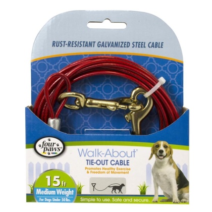Four Paws Walk-About Tie-Out Cable Medium Weight for Dogs up to 50 lbs - 15\' Long