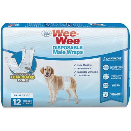 Four Paws Wee Wee Disposable Male Dog Wraps - Medium/Large - 12 Pack - (Fits Waists 15