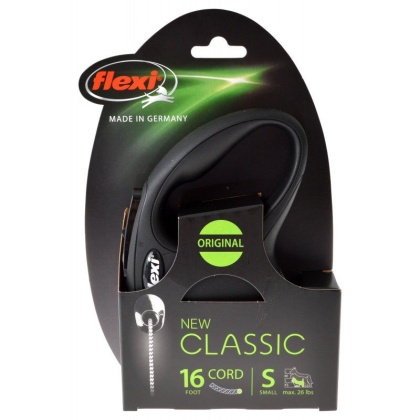 Flexi New Classic Retractable Cord Leash - Black - Small - 16' Cord (Pets up to 26 lbs)