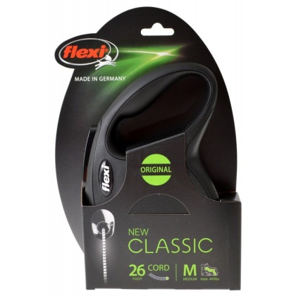 Flexi New Classic Retractable Cord Leash - Black - Medium - 26\' Cord (Pets up to 44 lbs)