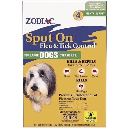 Zodiac Spot on Flea & Tick Controller for Dogs - Large Dogs over 60 lbs (4 Pack)