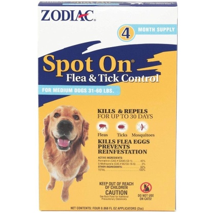 Zodiac Spot on Flea & Tick Controller for Dogs - Medium Dogs 31-60 lbs (4 Pack)