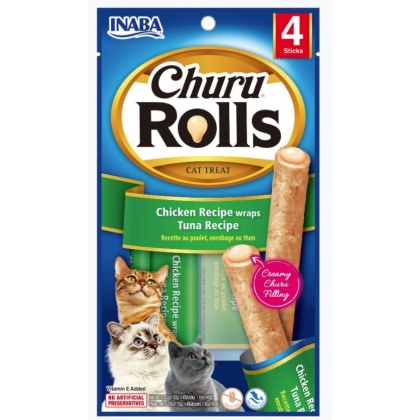 Inaba Churu Rolls Cat Treat Chicken Recipe wraps Tuna Recipe - 4 count