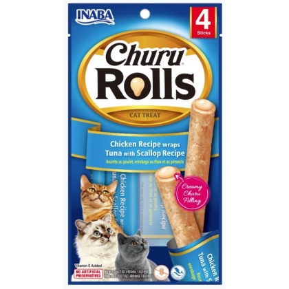Inaba Churu Rolls Cat Treat Chicken Recipe wraps Tuna with Scallop Recipe - 4 count